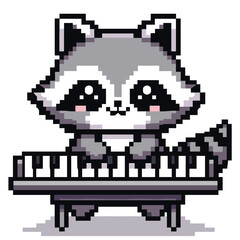 Obraz premium Pixel Art Raccoon Playing Piano - Cute Musical Animal Cartoon Design