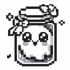 Obraz premium Cute Pixel Art Jar with Face and Flowers - Kawaii Black and White Illustration