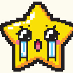Obraz premium Crying Pixel Star Emoticon in Retro Pixel Art Style
