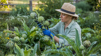 She gathers artichokes with thick gloves!