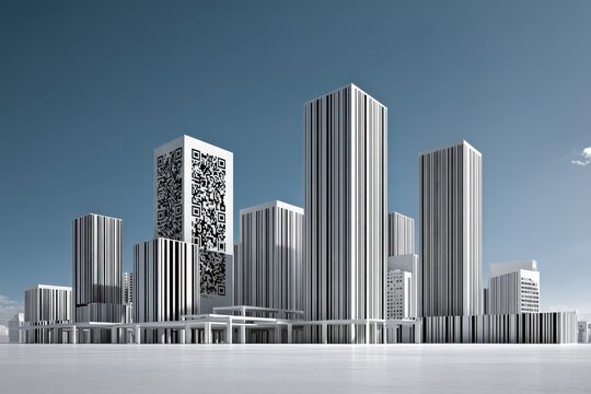 Futuristic Cityscape with QR Code-Design on Tall Buildings