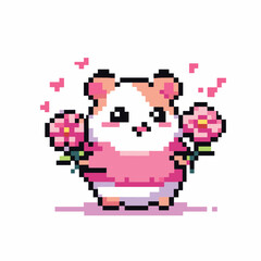 Cute Hamster Holding Flowers in Pixel Art Style