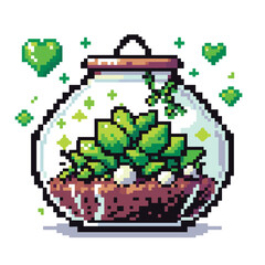 Pixel Art Terrarium Vibrant Succulent Plants in Glass Jar with Green Hearts