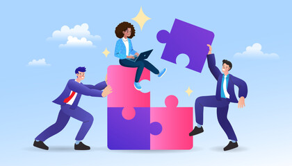 business people connecting puzzle pieces, symbolizing strategy, partnership, and successful problem- solving. Corporate team building concept.