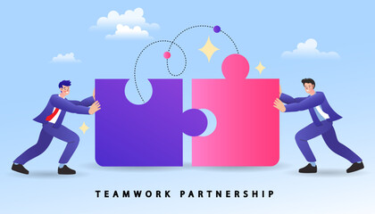 Teamwork and partnership concept. Two businessmen push together giant puzzle pieces, creating a successful connection. This illustrates a strategic alliance, a merger, or a joint venture.