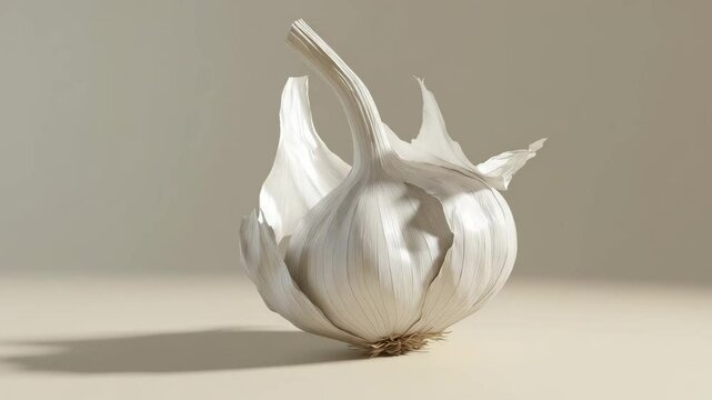 A garlic bulb is placed on a light surface, showcasing its unique texture and shape under soft illumination