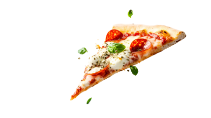 Template with delicious tasty slice of pepperoni pizza flying on white background. Generative AI