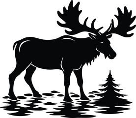 Moose Standing in River Silhouette