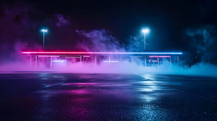 Neon Illuminated Empty Urban Parking Lot At Night