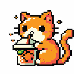 Fototapeta premium Pixel Art Cat Enjoying Bubble Tea - Cute Retro Illustration