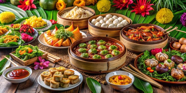A delightful array of Asian-inspired culinary creations, meticulously arranged on a rustic wooden table, adorned with vibrant tropical foliage and flowers, presents a feast for the senses