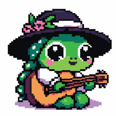 Cute Dinosaur Playing Guitar in Pixel Art with Hat