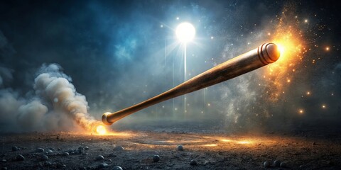 Fiery Baseball Bat Swings Through Smoke and Sparks, Leaving Glowing Trail on Dusty Ground