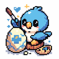 Fototapeta premium Cute Pixel Art Penguin Painting an Easter Egg in Retro Style