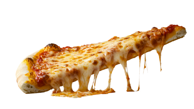 Tasty slice of pepperoni pizza flying isolated on transparent background