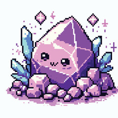 Cute Purple Crystal Character in Pixel Art Glowing with Magical Charm