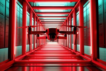 Futuristic Drone in Neon Warehouse Surrounded by Red Lights