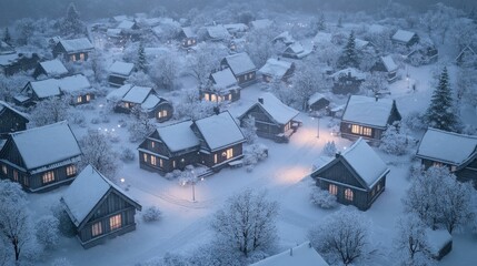 Snow-covered village, illuminated houses, winter scene.