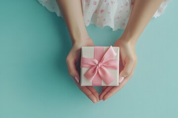 Hands present a gift box tied with a delicate pink ribbon on a blue background