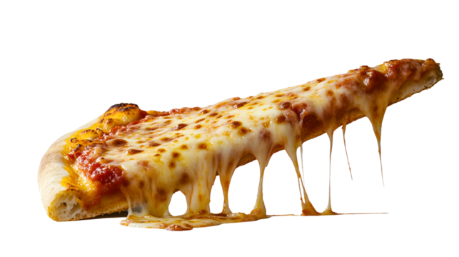 Tasty slice of pepperoni pizza flying isolated on transparent background