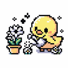 Fototapeta premium Pixel Art Duckling Watering Flowers Cute Retro Digital Illustration