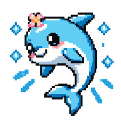Cute Pixel Art Dolphin with Flower and Sparkles