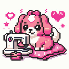 Fototapeta premium Adorable Sewing Dog Pixel Art with Hearts
