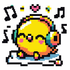 Cute Pixel Art Chick Listening to Music with Headphones