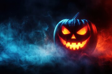 Halloween pumpkin glowing ominously in a dark smoky environment