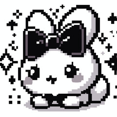 Fototapeta premium Cute Pixel Art Bunny with Bow in Retro Style – Black and White Illustration