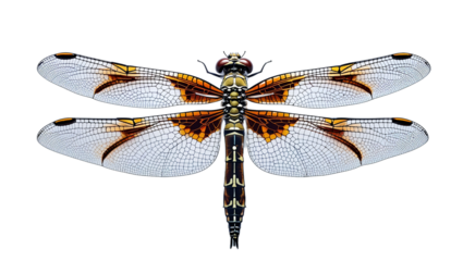 Brown and white dragonfly macro isolated on black background detailed wing veins