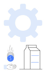 Large gear behind blue coin stack dropping into hand, next to minimalist milk carton. Ideal for business, operations, sustainability, production, commerce, efficiency concepts, simple landing page