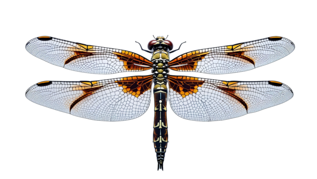 Brown and white dragonfly macro isolated on black background detailed wing veins