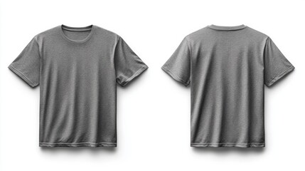 Two sided gray t-shirt on white background, minimalistic style. Clothing presentations, online stores, fashion blogs.