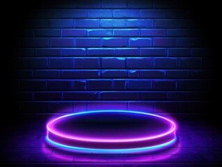 Neon Platform Display: Illuminated round stage with vibrant glowing neon lights