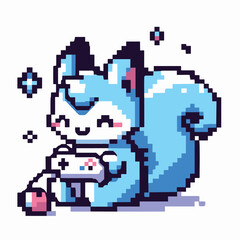 Obraz premium Cute Pixel Art Squirrel Playing Video Games with Retro Console