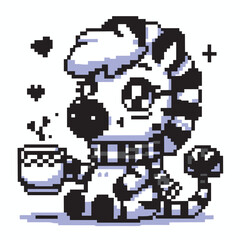 Cute Zebra with Coffee Pixel Art Illustration with Cozy Vibes