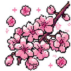 Pixel Art Cherry Blossom Branch with Vibrant Pink Flowers