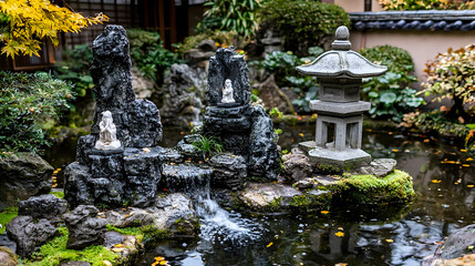 Tranquil Japanese Garden Scene With Waterfalls And Stone Lanterns