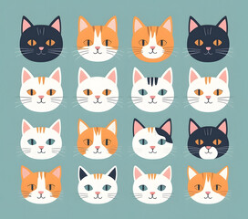 Set of cute cat faces with hand-drawn style. flat design style minimal vector illustration.