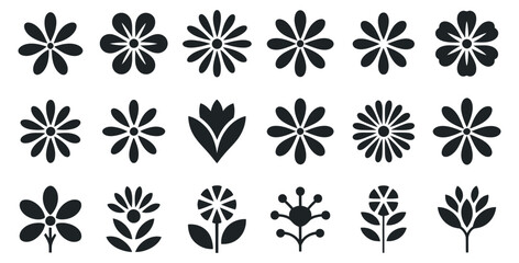 Collection Of Stylized Flower Icons In Black And White Vector Set Depicting Various Floral Designs For Decoration