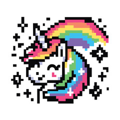 Obraz premium Rainbow Pixel Unicorn with Stars - Colorful and Whimsical Pixel Art Illustration