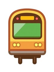 Pixel art illustration of a yellow train with a green screen, brown base, and orange details against a white background. The train is depicted from a front perspective, showcasing its simple and