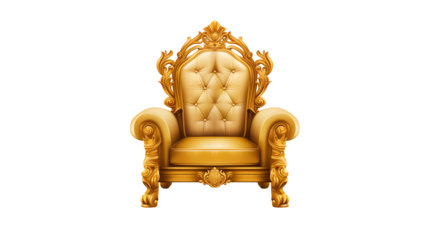 A golden ornate throne with tufted backrest on a black background image isolated on transparent background	