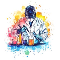 Scientist in a lab coat conducts an experiment using colorful chemical solutions. Watercolor style splashes of vibrant color surround the figure. The scientist wears protective gloves and eyewear