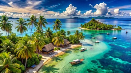 Fototapeta premium Tropical Paradise Secluded Island Getaway with Lush Palm Trees, Crystal-Clear Waters, and Traditional Cottages