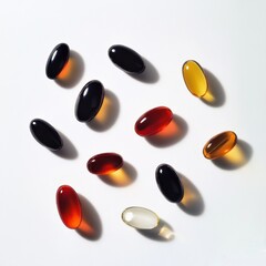 Dietary supplements and oval-shaped fish oil softgels arranged on a white background showcasing various colors and shapes enhancing health and wellness