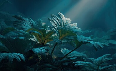 Deep teal foliage, dramatic light