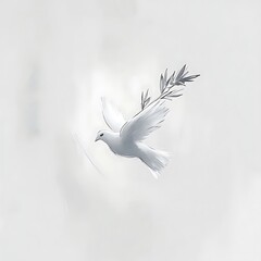 White dove in flight against a soft white background. The dove's wings are spread, and it appears to be in motion. The image has a peaceful and serene atmosphere. The lighting is soft and diffused