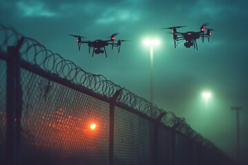 Drones fly over a fenced perimeter at night illuminated by distant streetlights